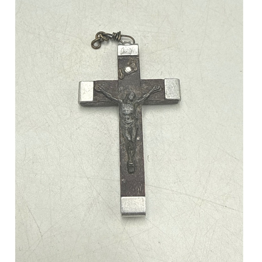 Vintage Italy Wood and Metal Crucifix Pendant Religious Catholic Cross